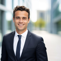Portrait of happy smiling young businessman in suit, outdoors. Success in business and job concept.