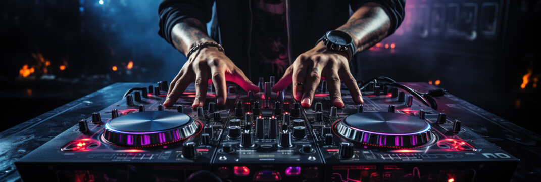 détail sur les mains d'un DJ en train de mixer sur des platines