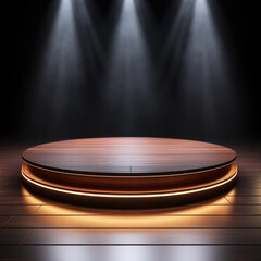 Round empty wooden pedestal podium stage backdrop for live concert, background of white spotlights with copy space