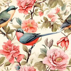 Seamless pattern of vintage watercolor flowers and bird