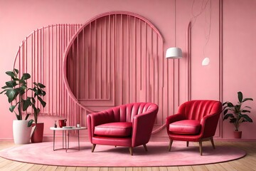 Pink living room interior with red leather armchair on circular carpet next to pink folding screen. 3D modeling
