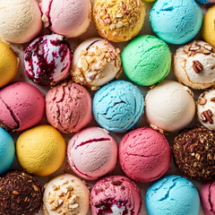 Assorted of scoops ice cream. Colorful set of ice cream of different flavours. Top view of ice cream isolated with mint, sauce. AI generative image. - 676713112