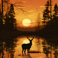 Deer silhouette at sunset. Generative ai. 