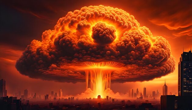 energetic mushroom cloud of atomic burst over metropolis at sunset. Generative AI