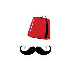 Red Turkish hat fez and black mustache vector isolated element, Turkish symbols