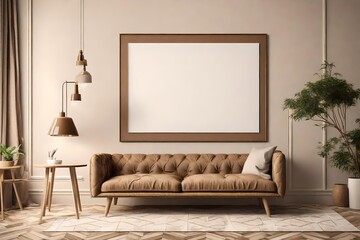 Mock-up of a poster frame with a background of a home interior and a living room in the hues of beige and brown