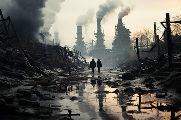 Industrial landscape and two walking people. The smoky pipes of the plant. Environmental pollution.