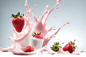 Strawberry milk or yogurt splashed isolated on a white background in three dimensions