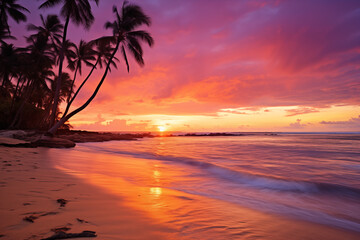 Fototapeta na wymiar Color photo of a vibrant tropical sunset over a serene beach, with palm trees swaying gently in the warm breeze