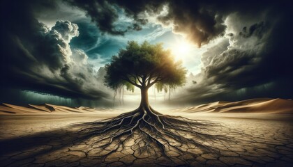 Powerful image of a single tree standing tall in a barren landscape, with deep roots and a dramatic sky, symbolizing resilience
