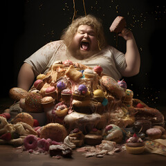 Obese man eating endlessly, representing gluttony