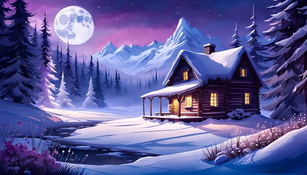 Frozen cabin in the wood by the clear river with wildflowers meadow in frozen winter at night with silver full moon blue sky. Generative AI