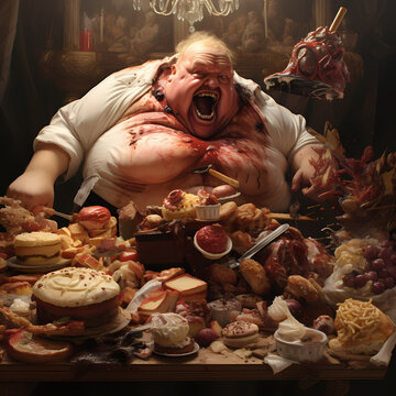 Obese man eating endlessly, representing gluttony