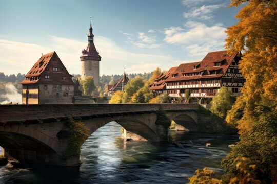 A historic old wooden bridge in a Hanseatic city with half-timbered houses Generative Ai