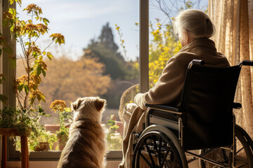 Lonely senior woman in a wheelchair with dog in nursing home looking out the window - obrazy, fototapety, plakaty