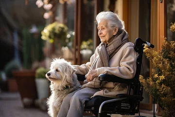  Lonely senior woman in a wheelchair with dog in nursing home looking out the window © Atchariya63