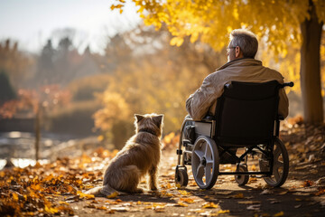 Lonely senior man in a wheelchair with dog in nursing home looking out the window