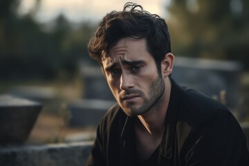 Fototapeta premium Portrait of a sad and depressed man in a black coat on the background of a cemetery.Funeral Concept