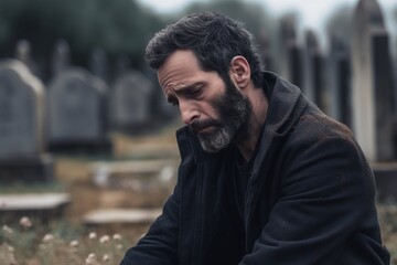 Portrait of a sad and depressed man in a black coat on the background of a cemetery.Funeral Concept