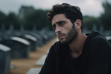 Portrait of a sad and depressed man in a black coat on the background of a cemetery.Funeral Concept