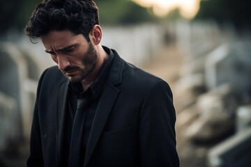 Portrait of a sad and depressed man in a black coat on the background of a cemetery.Funeral Concept