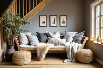 Wooden rustic bench with fur blanket and wicker poufs against grey wall. Wooden staircase....