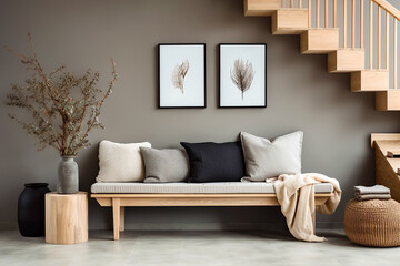 Wooden bench against grey wall and staircase. Scandinavian, rustic farmhouse interior design of modern entryway. - obrazy, fototapety, plakaty