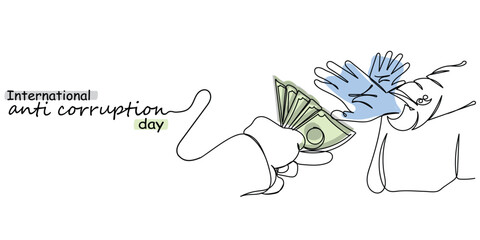 International Anti corruption day. Bribery is a criminal offense. Say no to corruption. Raise your voice against injustice. Continuous line art vector
