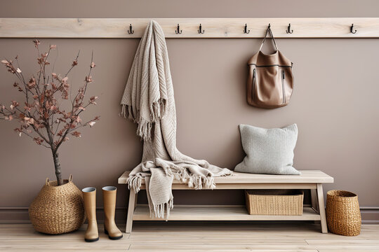 Hook wall mounted coat rack above wooden bench. Rustic country, farmhouse interior design of modern entryway.