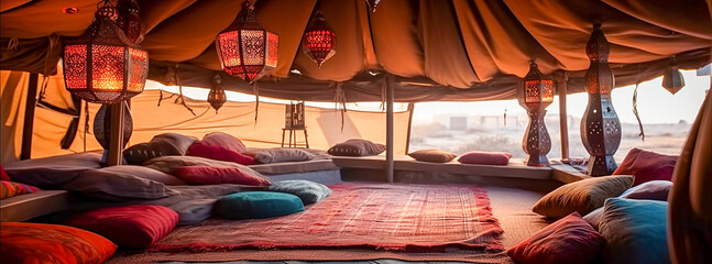 Background inside a Bedouin tent, pillows, carpets, lanterns. Banner - obrazy, fototapety, plakaty