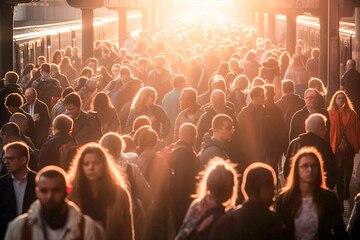 A large crowd of people goes to work in the morning at the railway station under the sunshine.