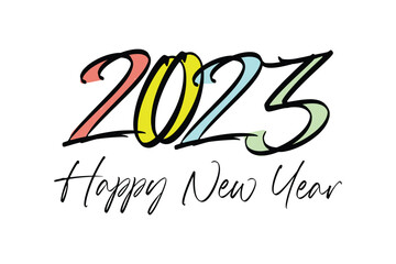 Happy New Year Vector art. Welcome 2023. New year celebrations. Fun doodles and typography. Print design ideas. Poster banner and postcard designs.