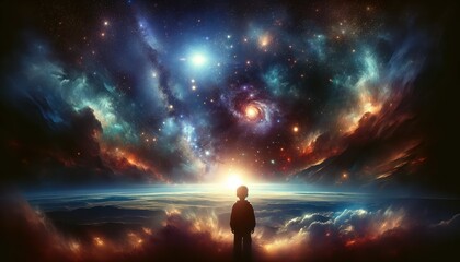 Profound image of a child gazing in awe at a vibrant night sky, with stars and galaxies, evoking a sense of wonder and curiosity
