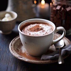 Homemade hot chocolate in a white enamel mug