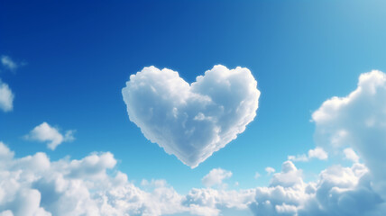 Naklejka na ściany i meble Baby Blue and White Floating Sunlit Heart Shaped Cloud in the Sky. Love, Romance, Romantic Theme. Wide Scale Panoramic Generative AI Made Illustration with Copy Space
