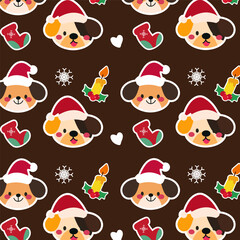 Cute seamless pattern features playful puppies, flickering candles, and festive Christmas elements on a dark background. 