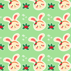 Cute seamless pattern features playful bunnies, festive Christmas trees, and cheerful snowflakes on a lush green background.