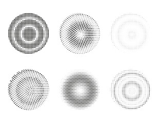 Set of six halftone black square dots circle pattern, collection in black