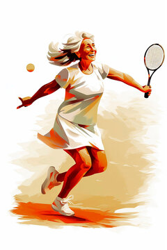 Generative AI illustration of old woman playing tennis and pin pog