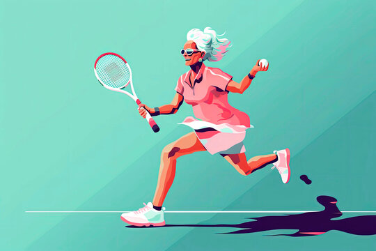 Generative AI illustration of old woman playing tennis and pin pog