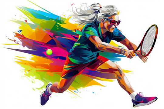 Generative AI illustration of old woman playing tennis and pin pog