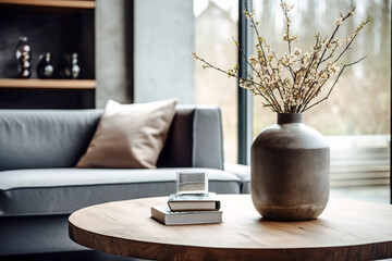 Close up of ceramic vase with blossom twigs on round wooden coffee table against grey sofa and window. Minimalist home interior design of modern living room. - Powered by Adobe