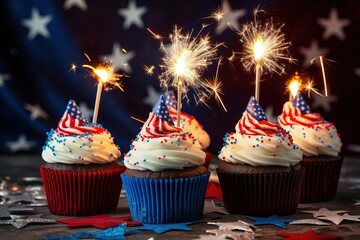 cupcakes with sparklers on an American flag background, cupcake with candle
