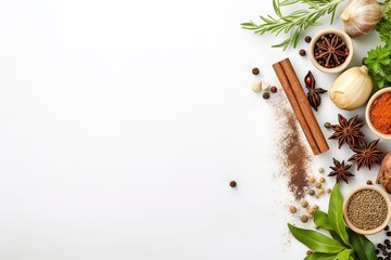 various herbs and spices are arranged on a white background, spices and herbs - obrazy, fototapety, plakaty