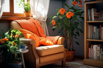 Cozy Retirement Room. Tranquil Spot with Books, Flowers and Comfy Armchair for Relaxation