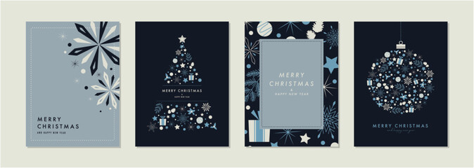 クリスマスカードセット　フレーム　背景　ツリー　雪の結晶　オーナメント　おしゃれ - obrazy, fototapety, plakaty