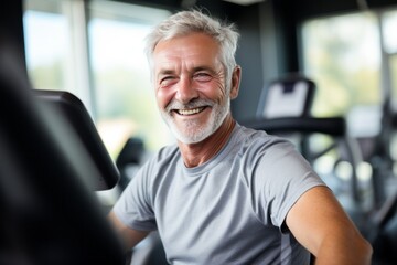 Elderly man working out in a modern gym according to a physical training program for elderly people - obrazy, fototapety, plakaty