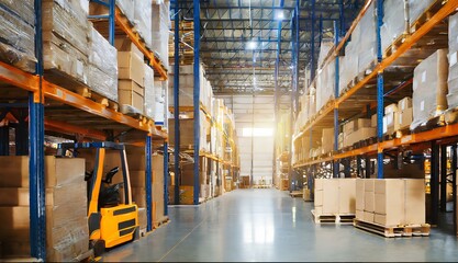 Inside of a warehouse with boxes and a forelift truck, transport, industry, factory concepts.
