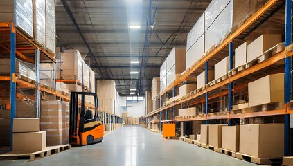 Inside of a warehouse with boxes and a forelift truck, transport, industry, factory concepts.