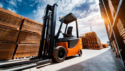 Inside of a warehouse with boxes and a forelift truck, transport, industry, factory concepts.